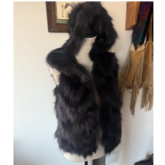 ZADIG & VOLTAIRE Finch Fox Deluxe Fox Fur Hooded Vest Black Navy XS - Picture 1 of 6